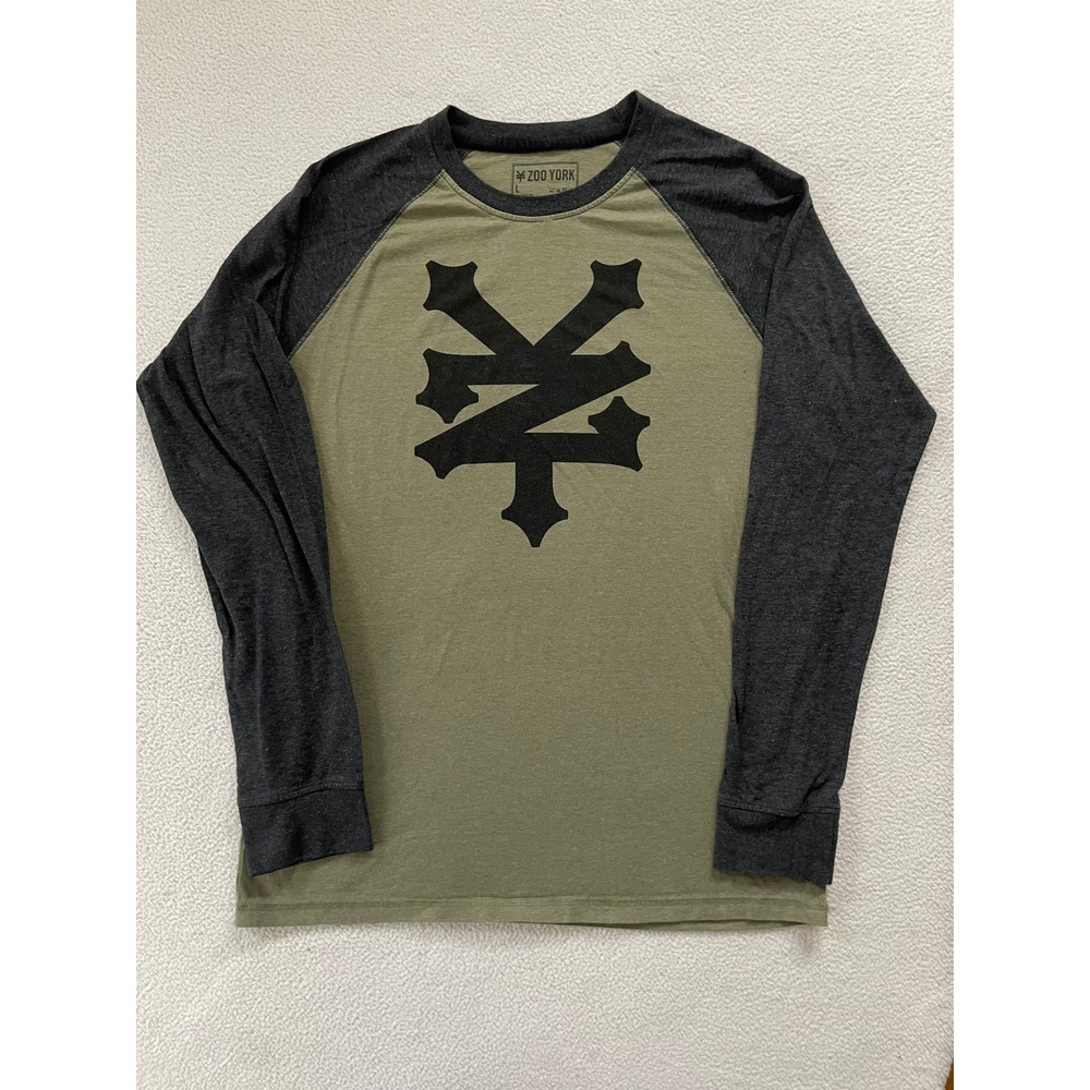 Zoo York Mens Large Long Sleeve Tee Olive Green Grey Raglan Logo Shirt Skater
